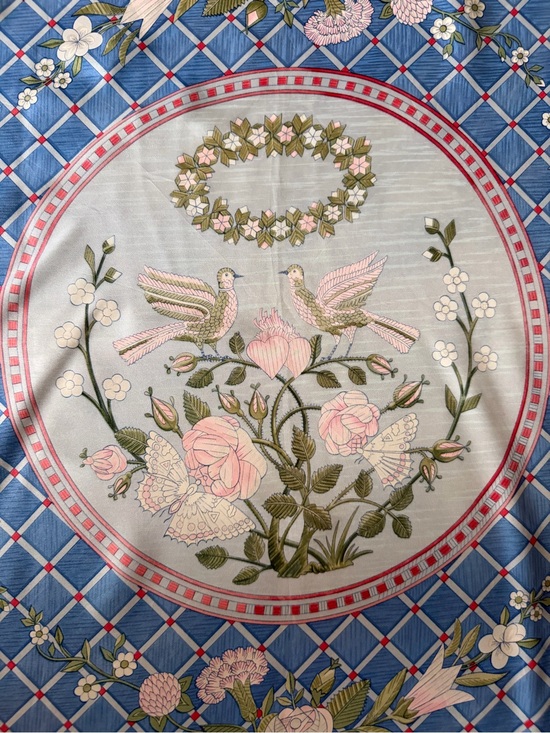 Hermes Paris Jeux de Paille Blue Floral Silk Scarf.